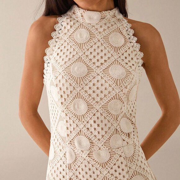 Apricot Elegant Women's Sleeveless Crochet Lace Midi Dress - Picture 8 of 8